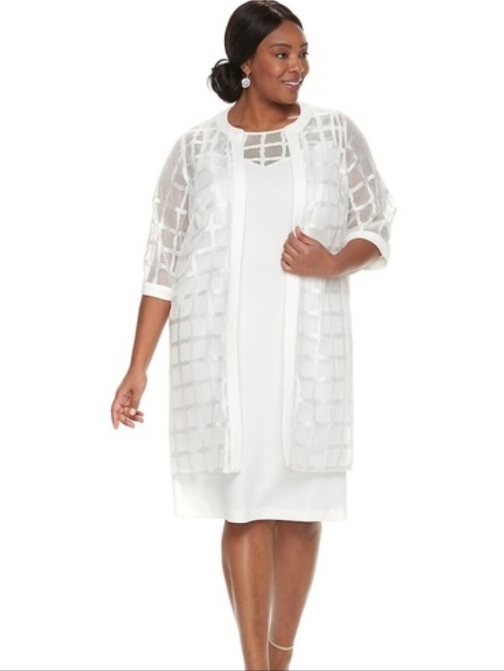Maya Brooke Duster Windowpane Mesh Jacket & Tank Dress Set Women Sz 14 NWT